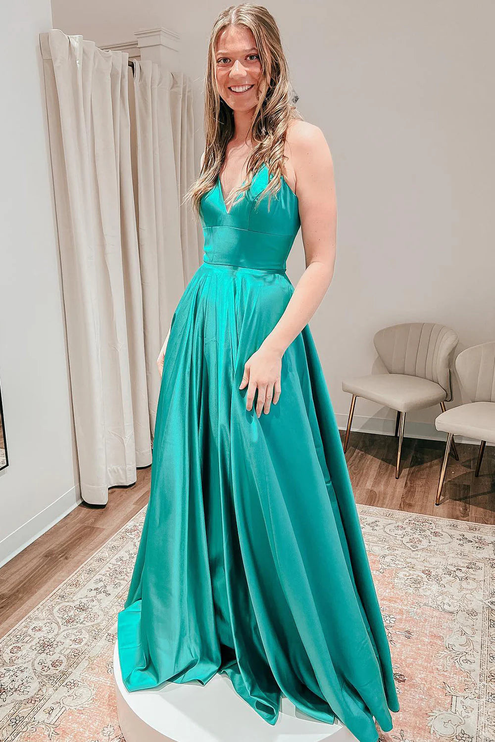 Satin Green Simple Prom Dresses Princess Long Formal Evening Gowns