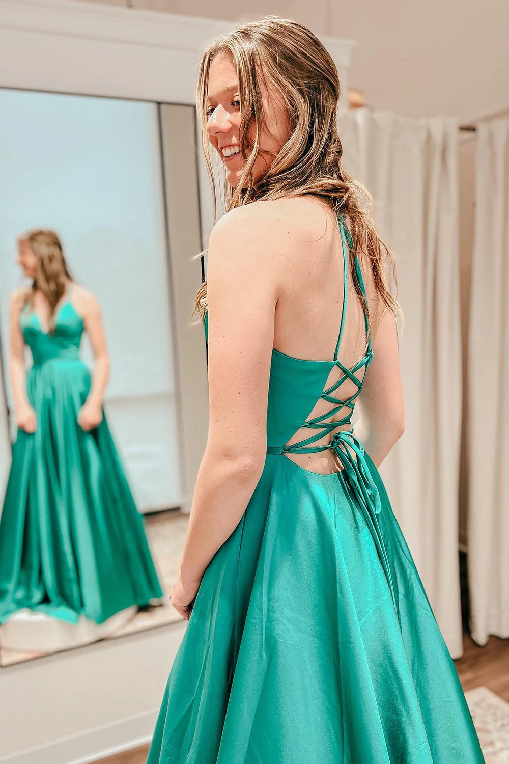 Satin Green Simple Prom Dresses Princess Long Formal Evening Gowns