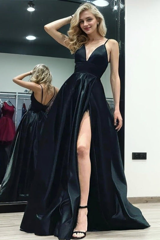 Satin Halter Black Formal Prom Dresses Split Long Modest Evening Gowns
