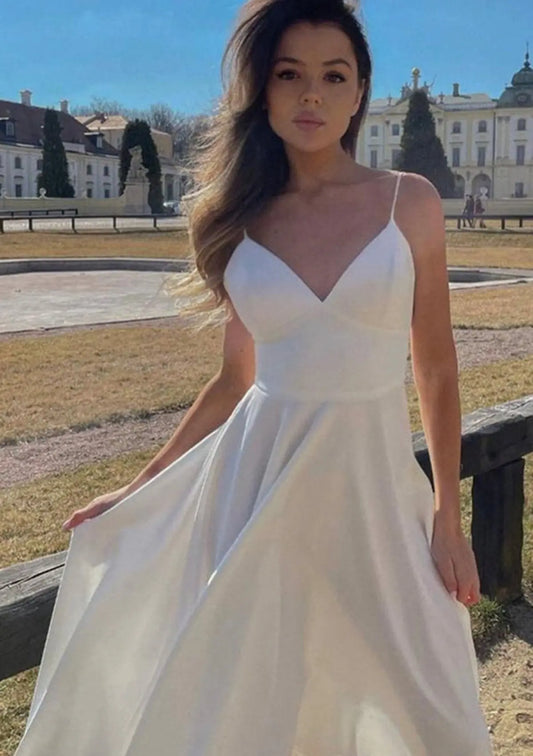 Satin Halter White Formal Prom Dresses Tea-Length Modest Hoco Dresses