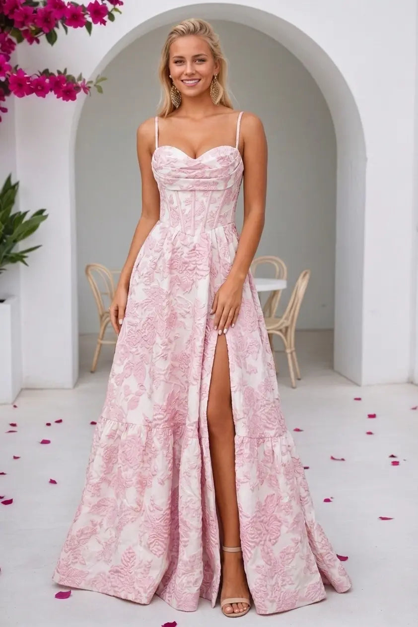 Satin Pink 3D Floral Long Prom Dresses 2026 A-Line Formal Ball Gowns