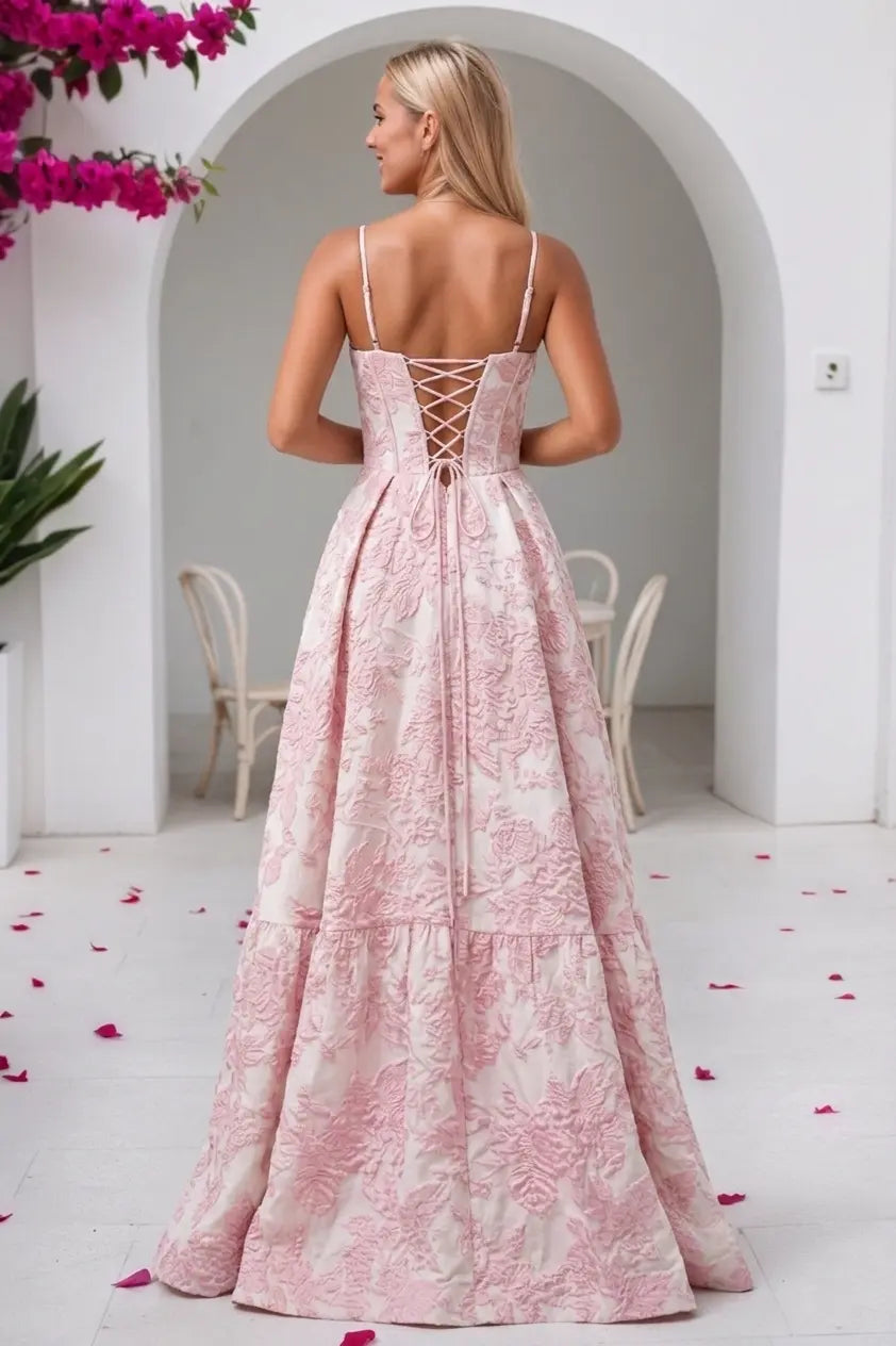 Satin Pink 3D Floral Long Prom Dresses 2026 A-Line Formal Ball Gowns