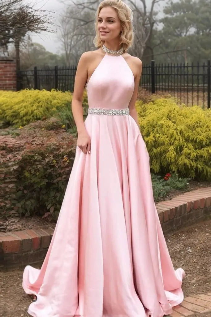 Satin Pink Turtleneck Beaded Prom Dresses Long Backless Evening Gowns