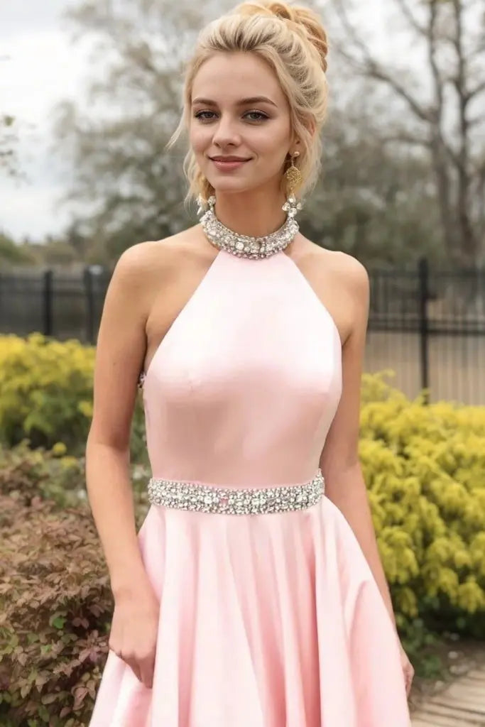 A-line/Princess High-Neck Sleeveless Sweep Train Satin Prom Dresses With Waistband Beading