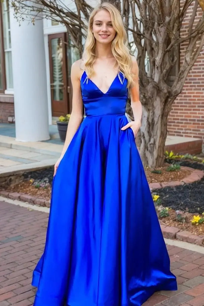 Satin Royal Blue Formal Prom Dress with Pocket Princess Evening Gowns