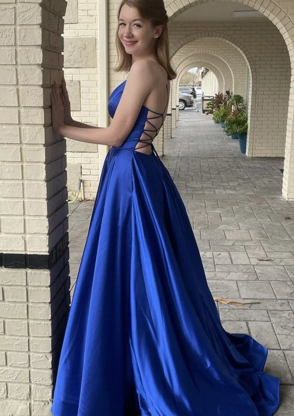 Satin Royal Blue Formal Prom Dress with Pocket Princess Evening Gowns