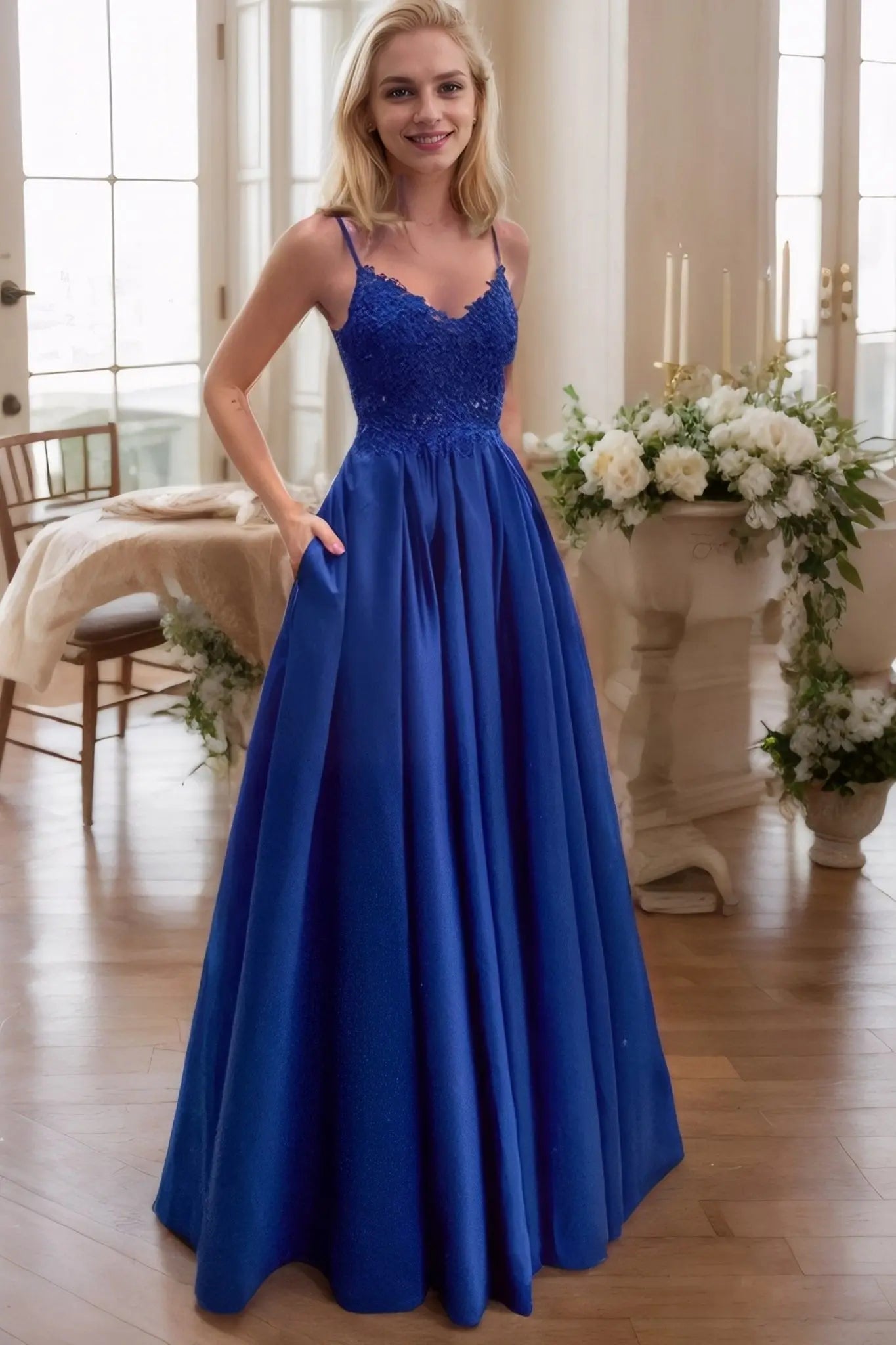 Satin Royal Blue Lace Prom Dress with Pocket Halter Long Evening Gowns