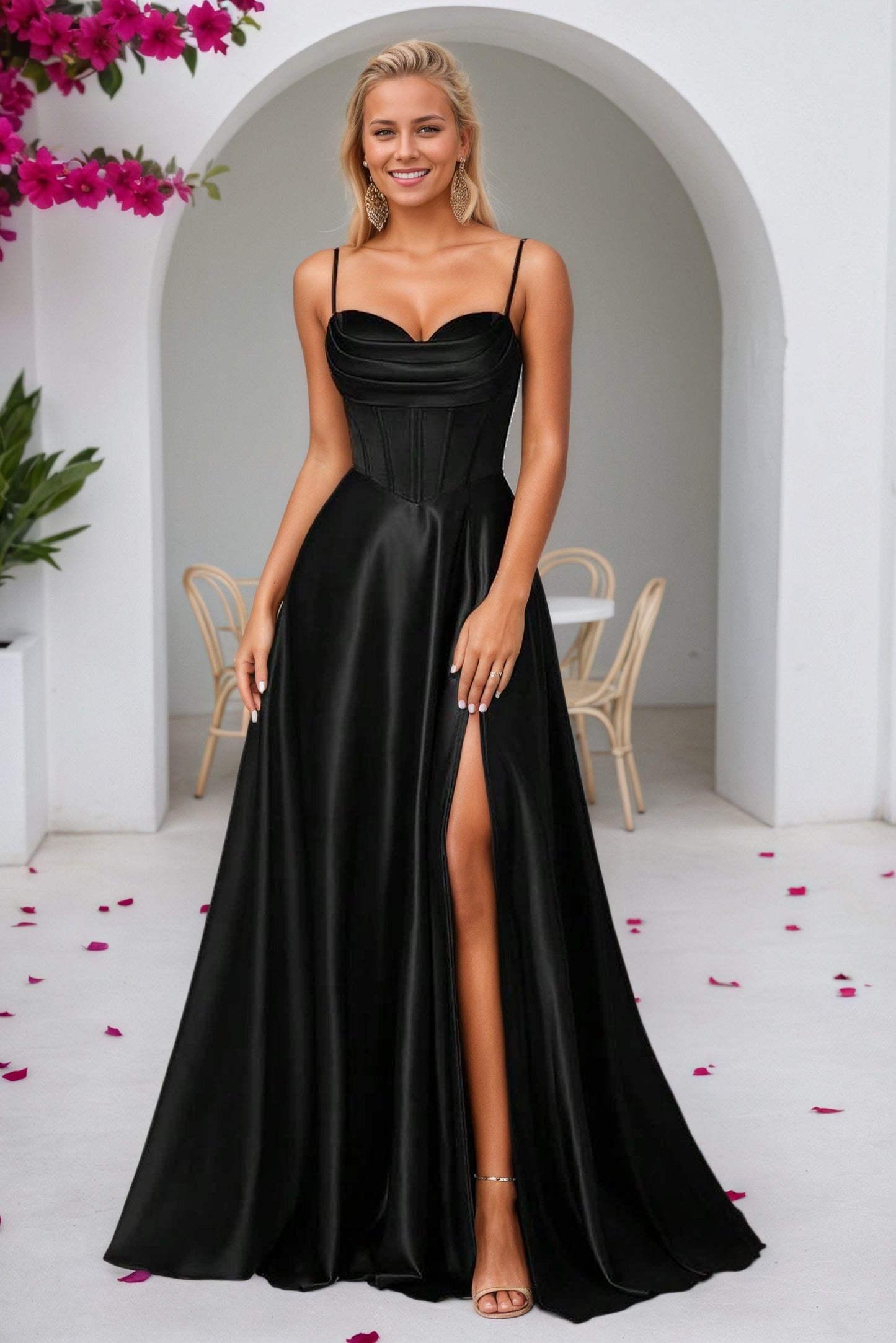Satin Satin Formal Prom Dress Simple Long Princess Halter Evening Gowns