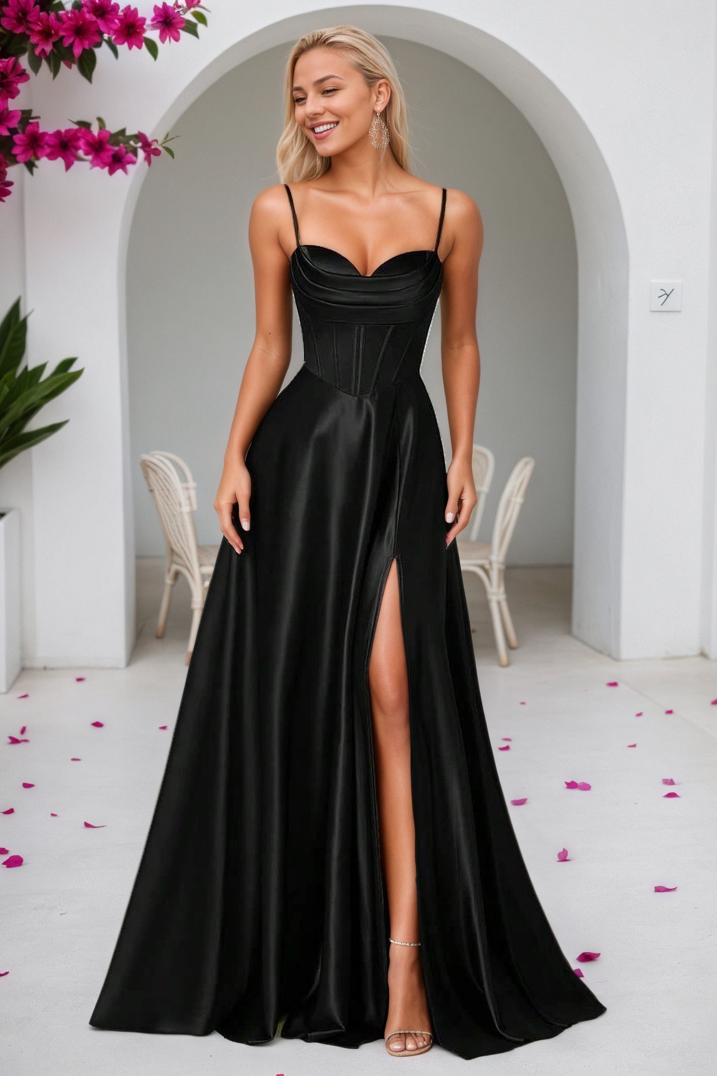 Satin Satin Formal Prom Dress Simple Long Princess Halter Evening Gowns