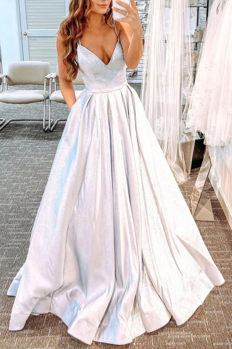 Satin Silver Simple Prom Dress with Pockets Long Formal Evening Gowns