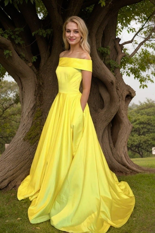 Satin Yellow Formal Prom Dresses Strapless Princess Long Evening Gowns