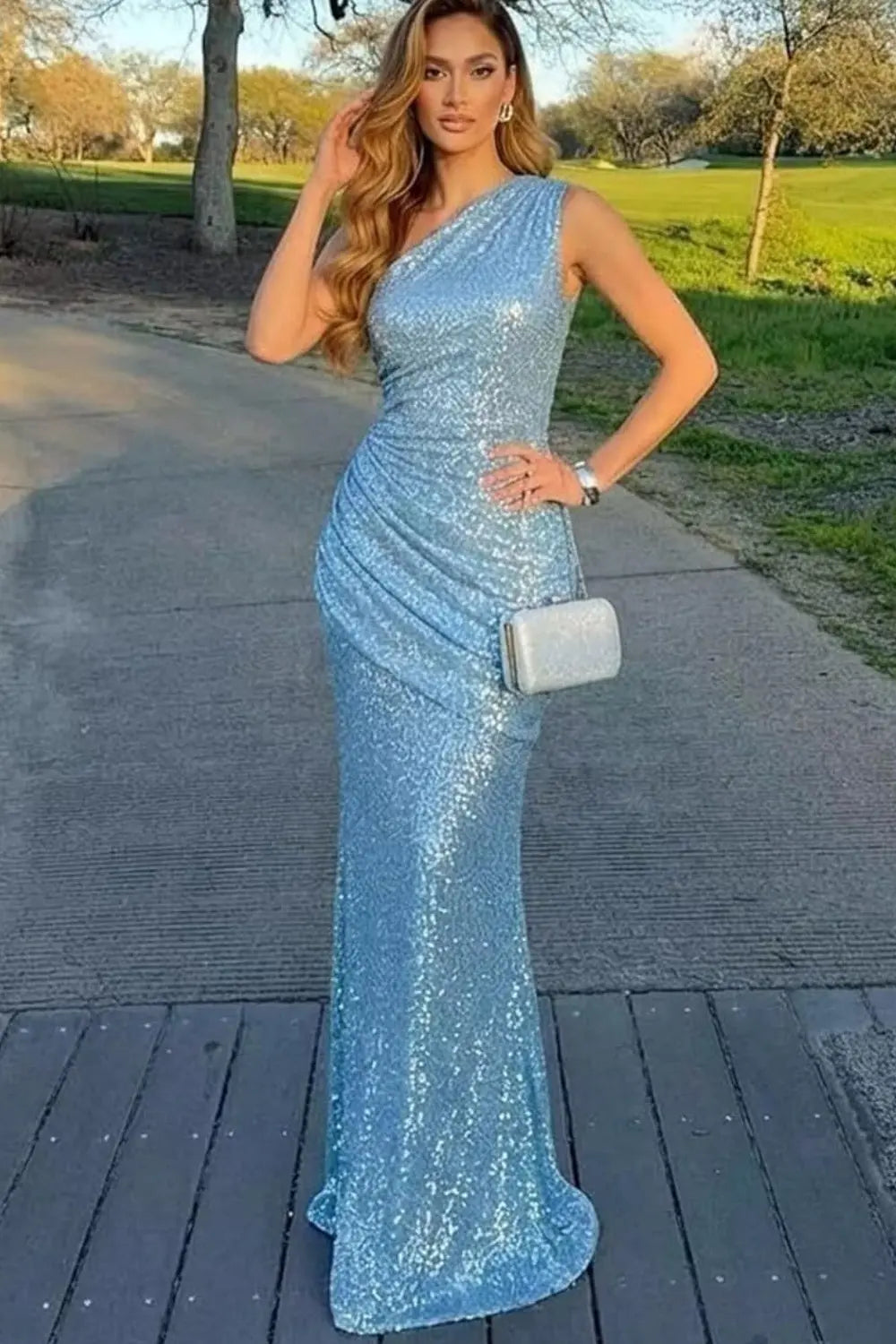 Mermaid Sequin One Shoulder Formal Corset Long Sparkly Sleeveless Prom Dresses - KAIDRESS