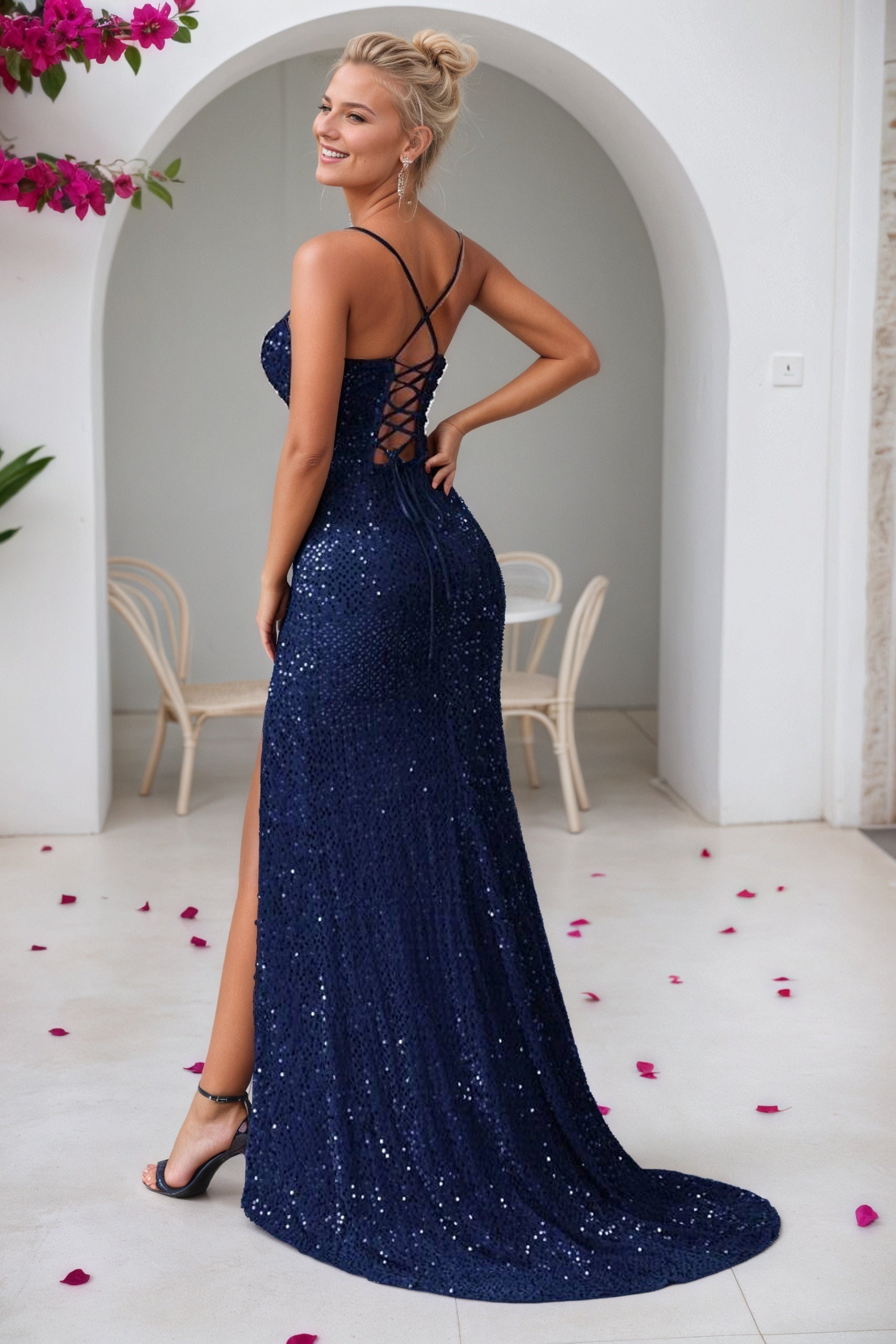 Sequin Navy Mermaid Prom Dress Long Sparkly Halter Formal Evening Gown