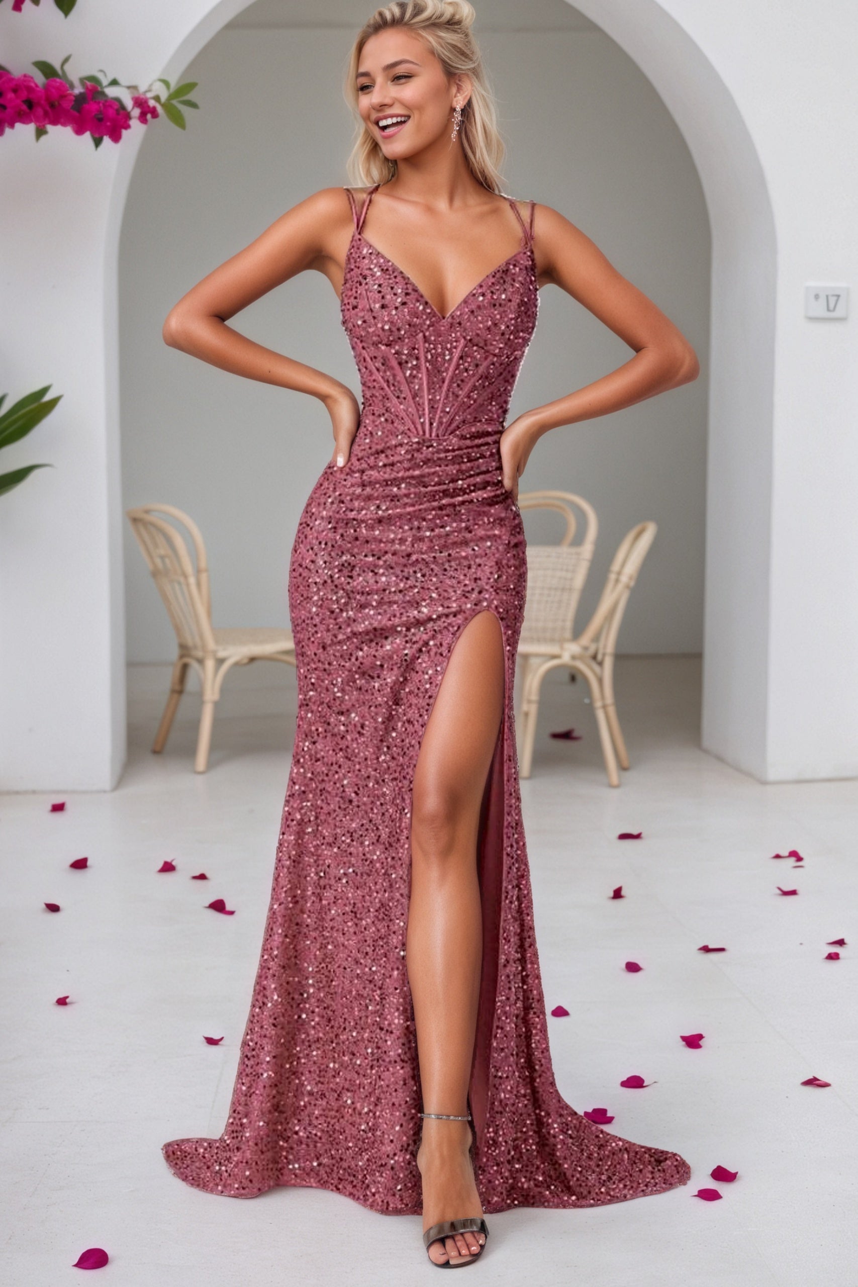 Sequin Pink Mermaid Prom Dress Long Sparkly Halter Formal Evening Gowns