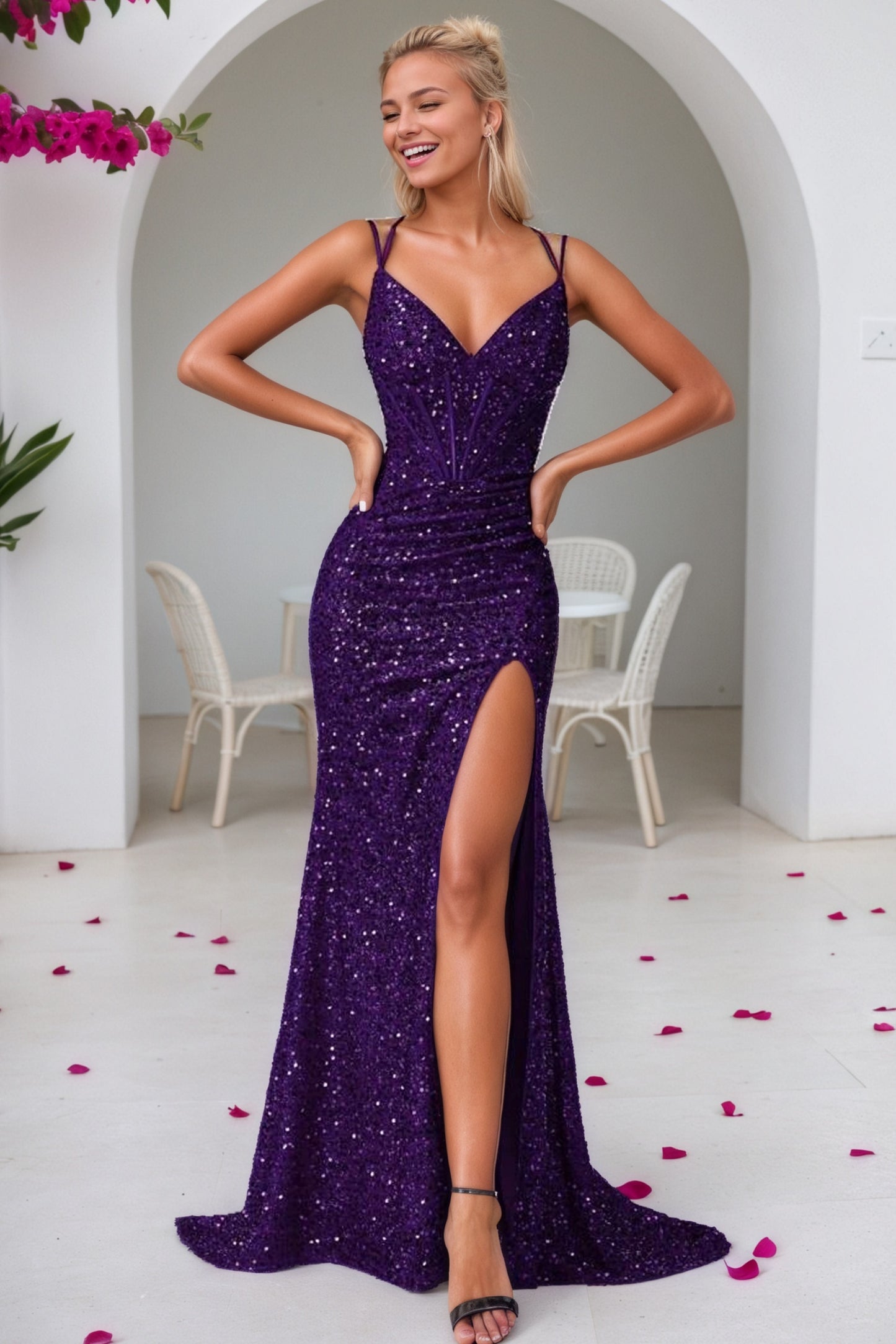 Sequin Pink Mermaid Prom Dress Long Sparkly Halter Formal Evening Gowns