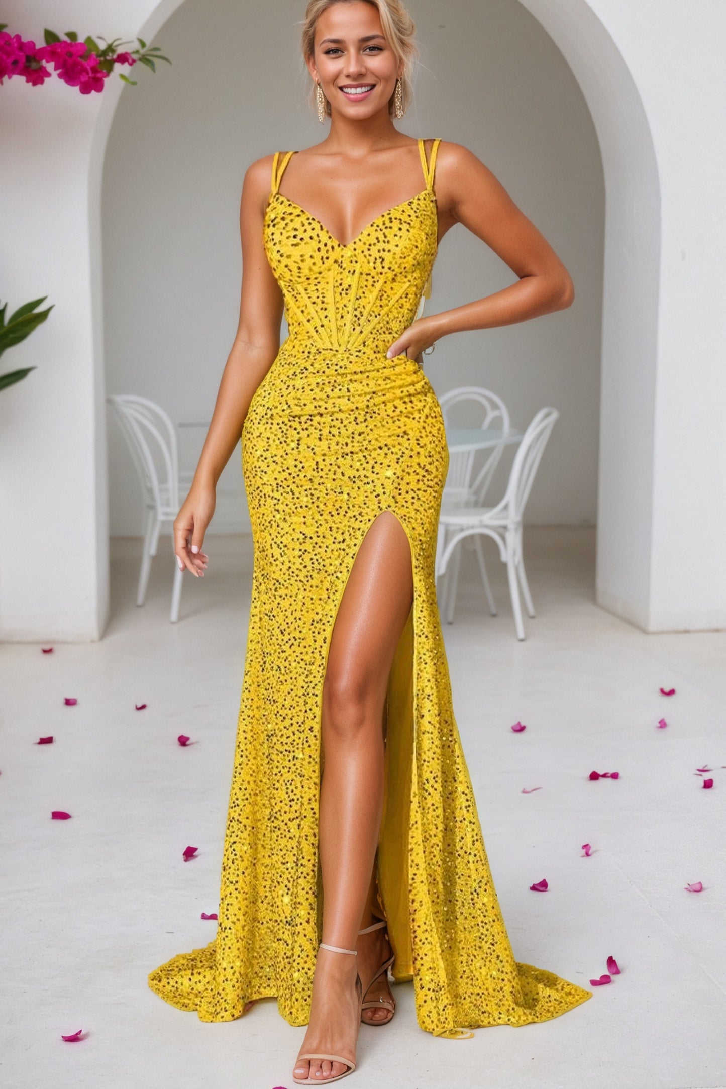 Sequin Pink Mermaid Prom Dress Long Sparkly Halter Formal Evening Gowns