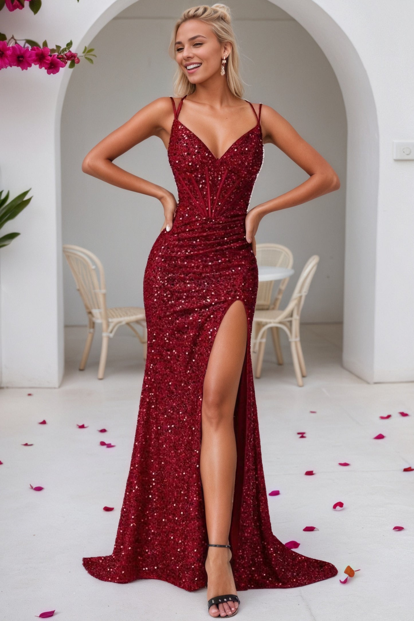 Sequin Pink Mermaid Prom Dress Long Sparkly Halter Formal Evening Gowns