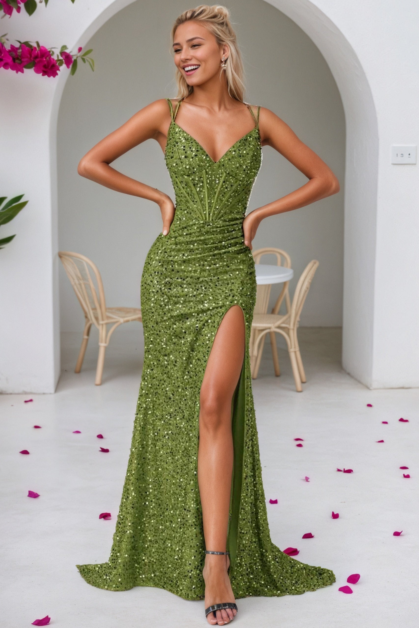 Sequin Pink Mermaid Prom Dress Long Sparkly Halter Formal Evening Gowns