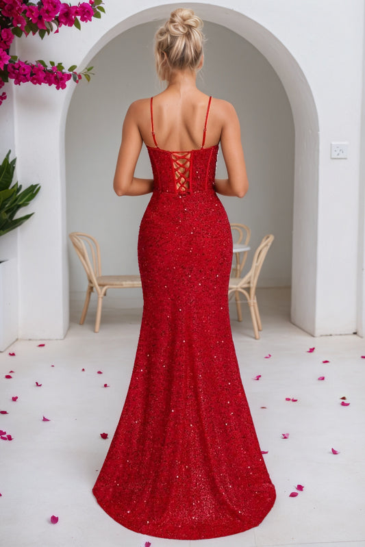 Sequin Red Mermaid Prom Dress Long Sparkly Halter Formal Evening Gowns