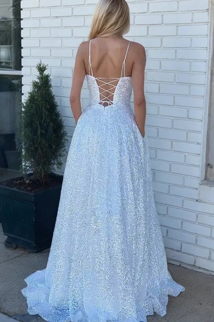 Sequin Silver Formal Prom Dresses Sparkly Halter Long Evening Gowns