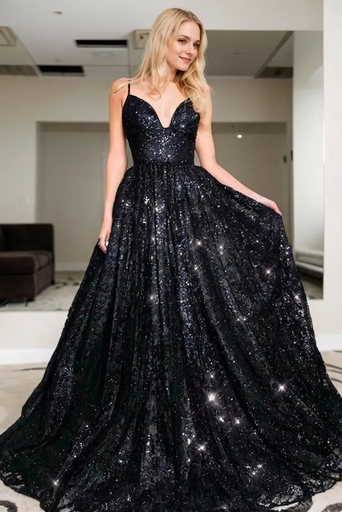 Sequins Black Lace Prom Dresses Halter Long Formal Evening Gowns