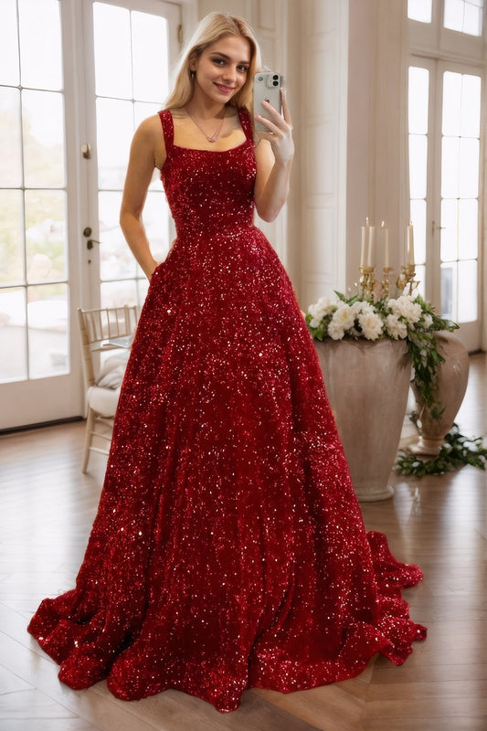 Sequins Burgundy Prom Dresses with Pocket Sparkly Long Evening Gowns