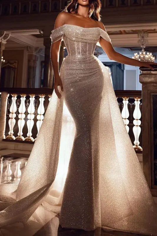 Sequins Ivory Formal Mermaid Prom Dresses Long Strapless Evening Gowns