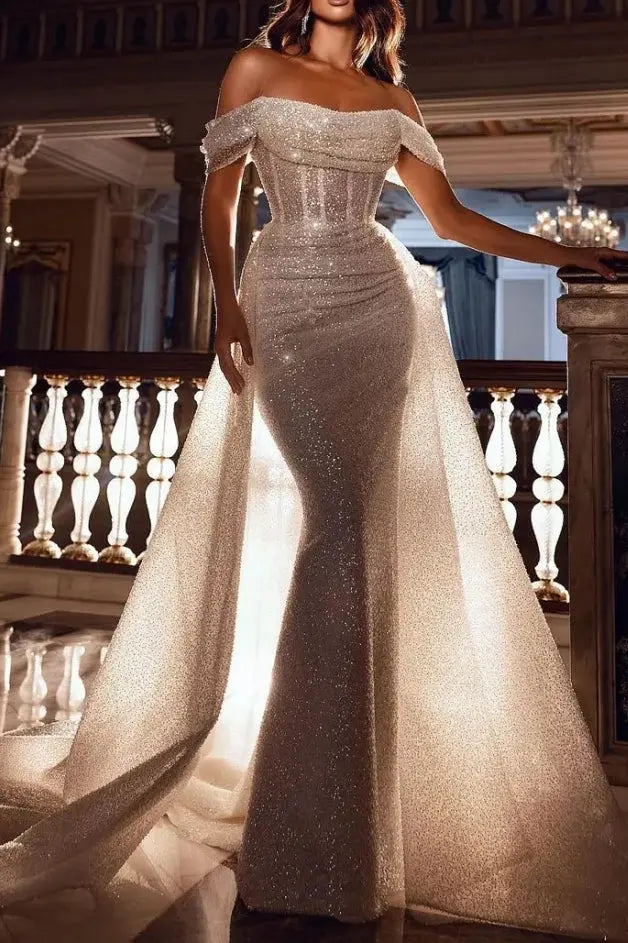 Sequins Ivory Formal Mermaid Prom Dresses Long Strapless Evening Gowns