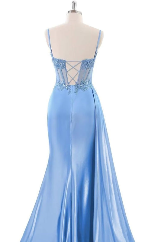 Sheath/Column Silk Spaghetti Straps Green Appliqued Sleeveless Prom Dresses With Split