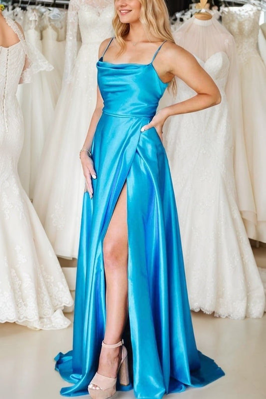 Silk Blue Formal Prom Dresses Slit Princess Halter Long Evening Gowns