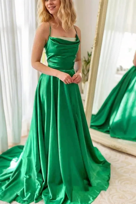 Silk Blue Formal Prom Dresses Slit Princess Halter Long Evening Gowns