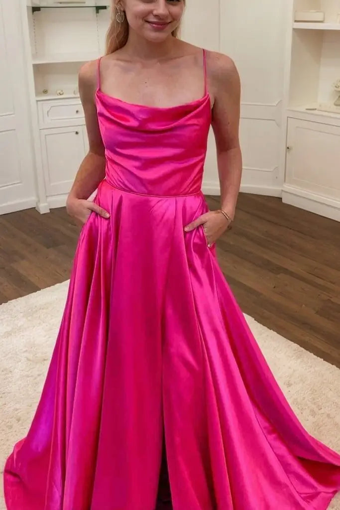 Silk Blue Formal Prom Dresses Slit Princess Halter Long Evening Gowns