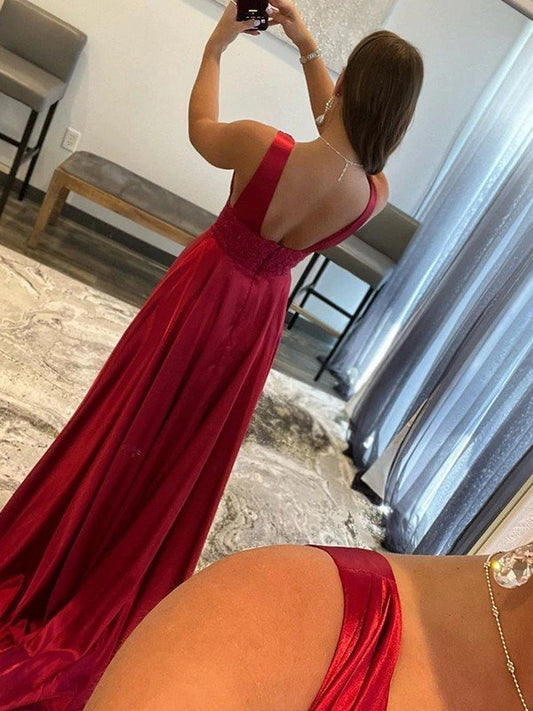 Silk Burgundy Lace Prom Dress V- neck Halter Long Formal Evening Gowns