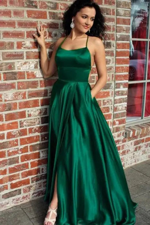 Silk Dark Green Prom Dresses with Pocket Long Backless Evening Gowns