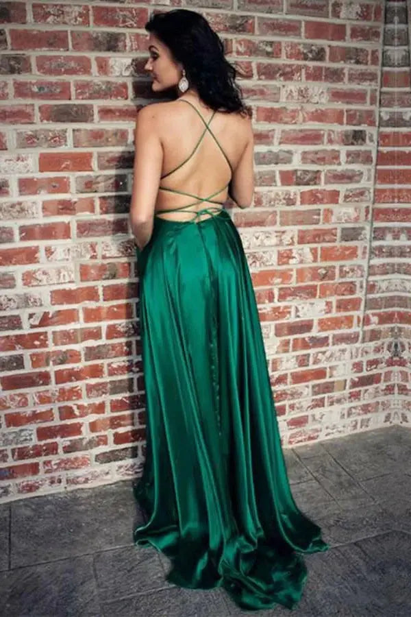 Silk Dark Green Prom Dresses with Pocket Long Backless Evening Gowns
