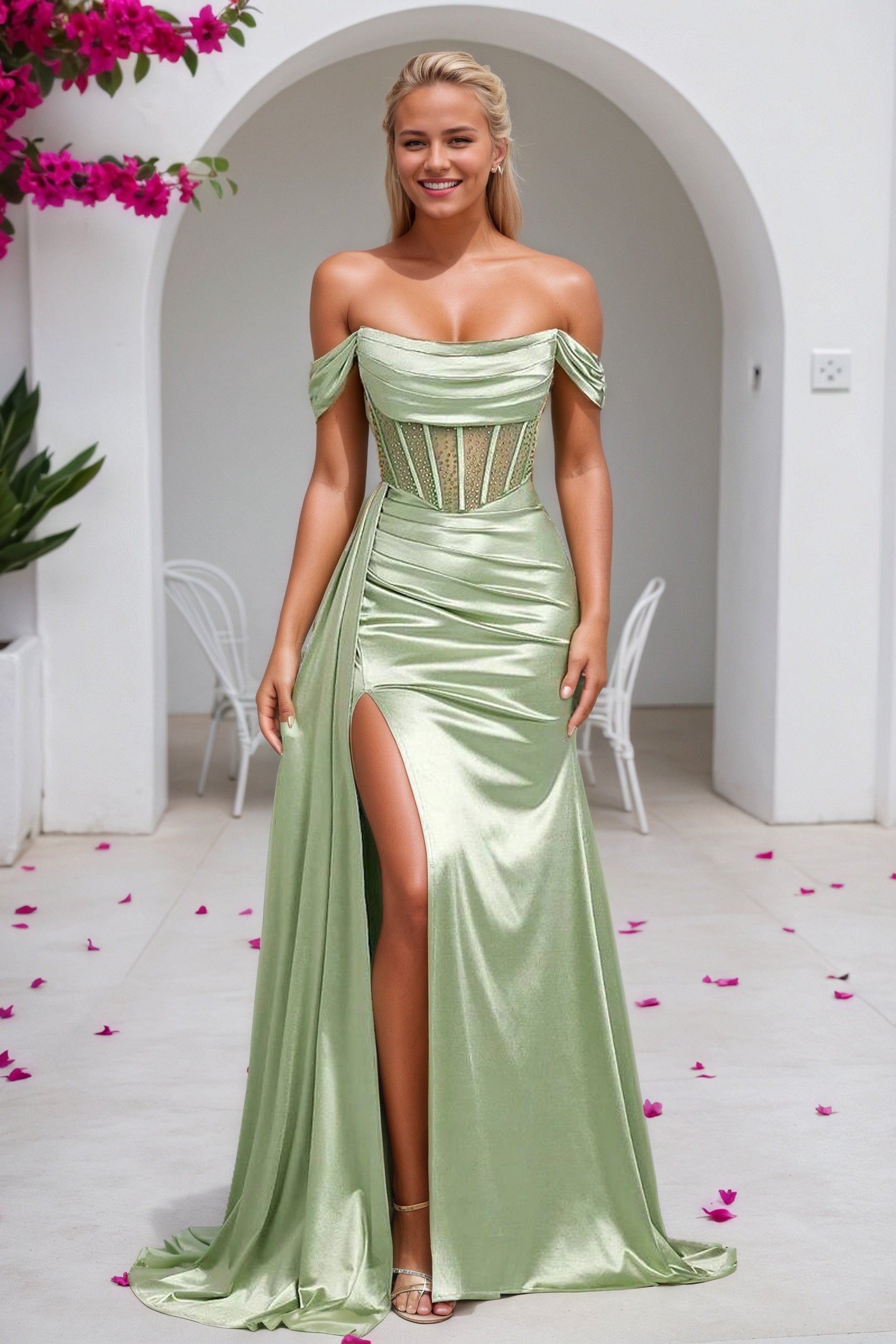 Silk Dusty Sage Mermaid Prom Dress Long Sparkly Strapless Evening Gowns