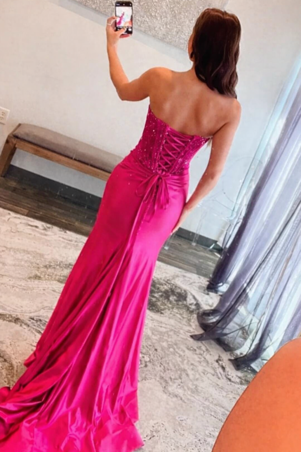 Silk Fuchsia Formal Prom Dress Long Strapless Evening Gowns with Slit