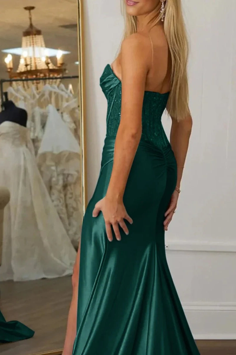 Silk Fuchsia Formal Prom Dress Long Strapless Evening Gowns with Slit