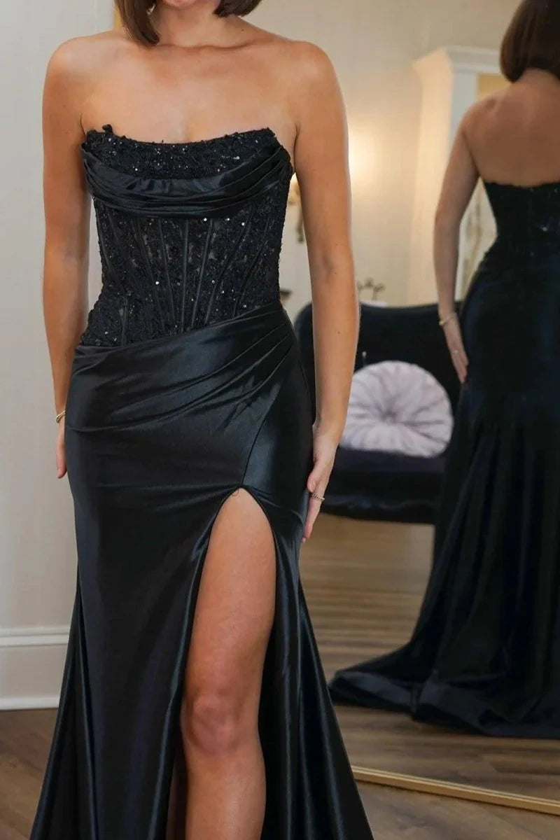 Silk Fuchsia Formal Prom Dress Long Strapless Evening Gowns with Slit