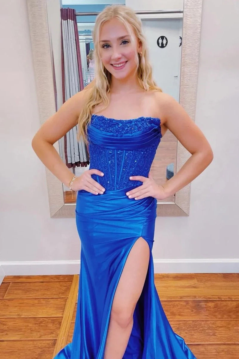 Silk Fuchsia Formal Prom Dress Long Strapless Evening Gowns with Slit