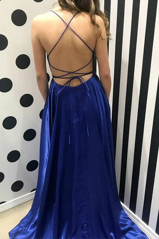 Silk Royal Blue Formal Prom Dresses Slit Halter Long Evening Gowns