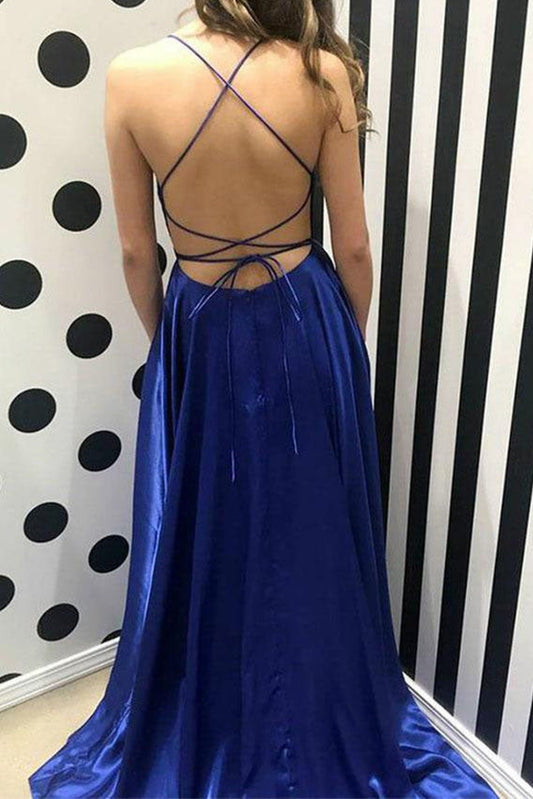 Silk Royal Blue Formal Prom Dresses Slit Halter Long Evening Gowns