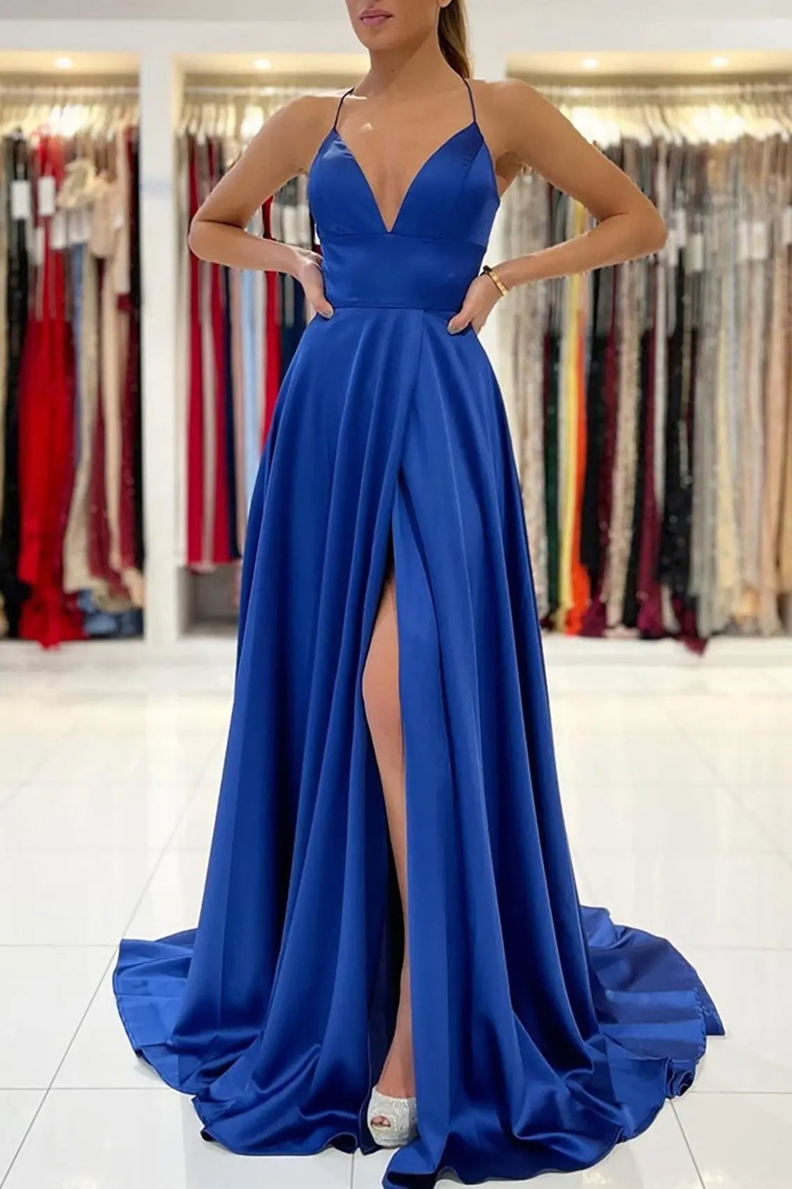 Silk Royal Blue Formal Prom Dresses Split Princess Long Evening Gowns