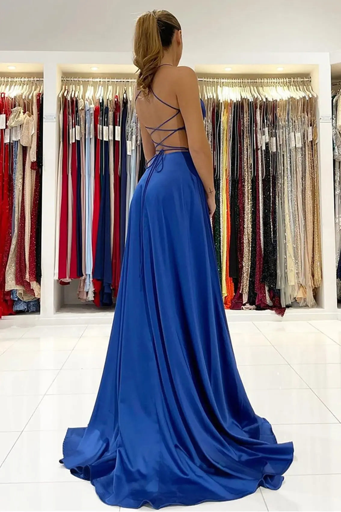 Silk Royal Blue Formal Prom Dresses Split Princess Long Evening Gowns