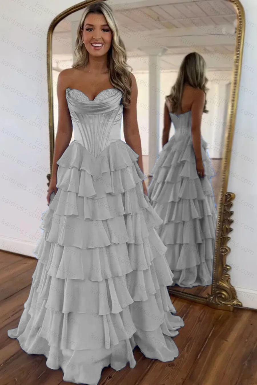 A Line Blue Sweetheart Chiffon Ruffled Long Corset Prom Dress with Slit