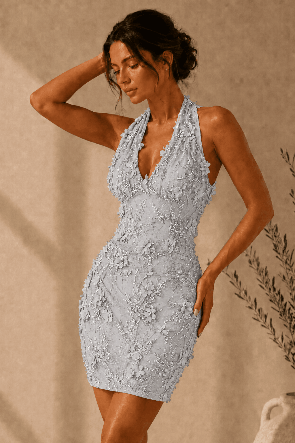 Sheath/Column Dreamy Lace 3D Floral Halter Homecoming Dress KAIDRESS