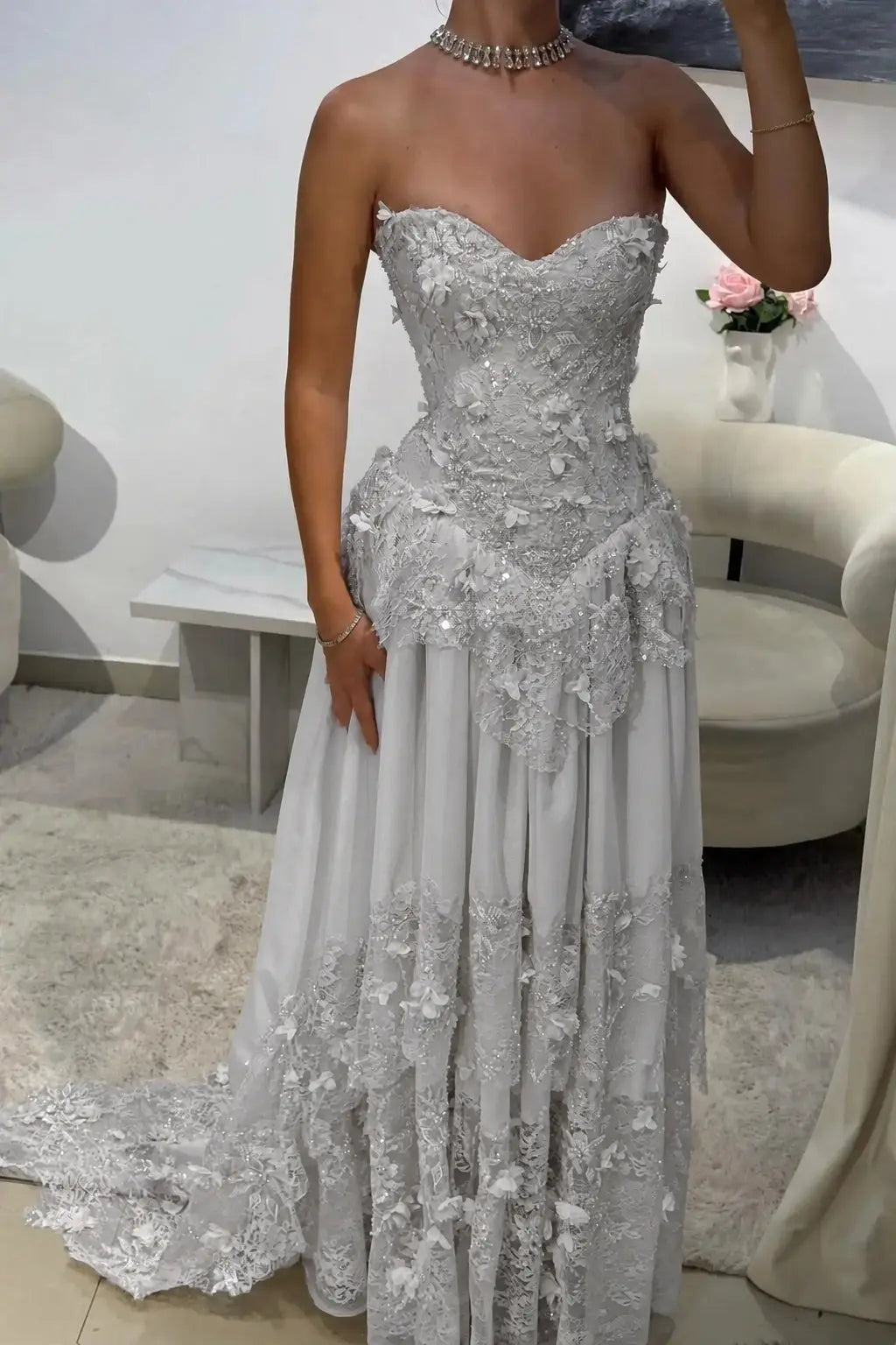 Dreamy Yellow 3D Floral Applique Sweetheart Corset Prom Dress