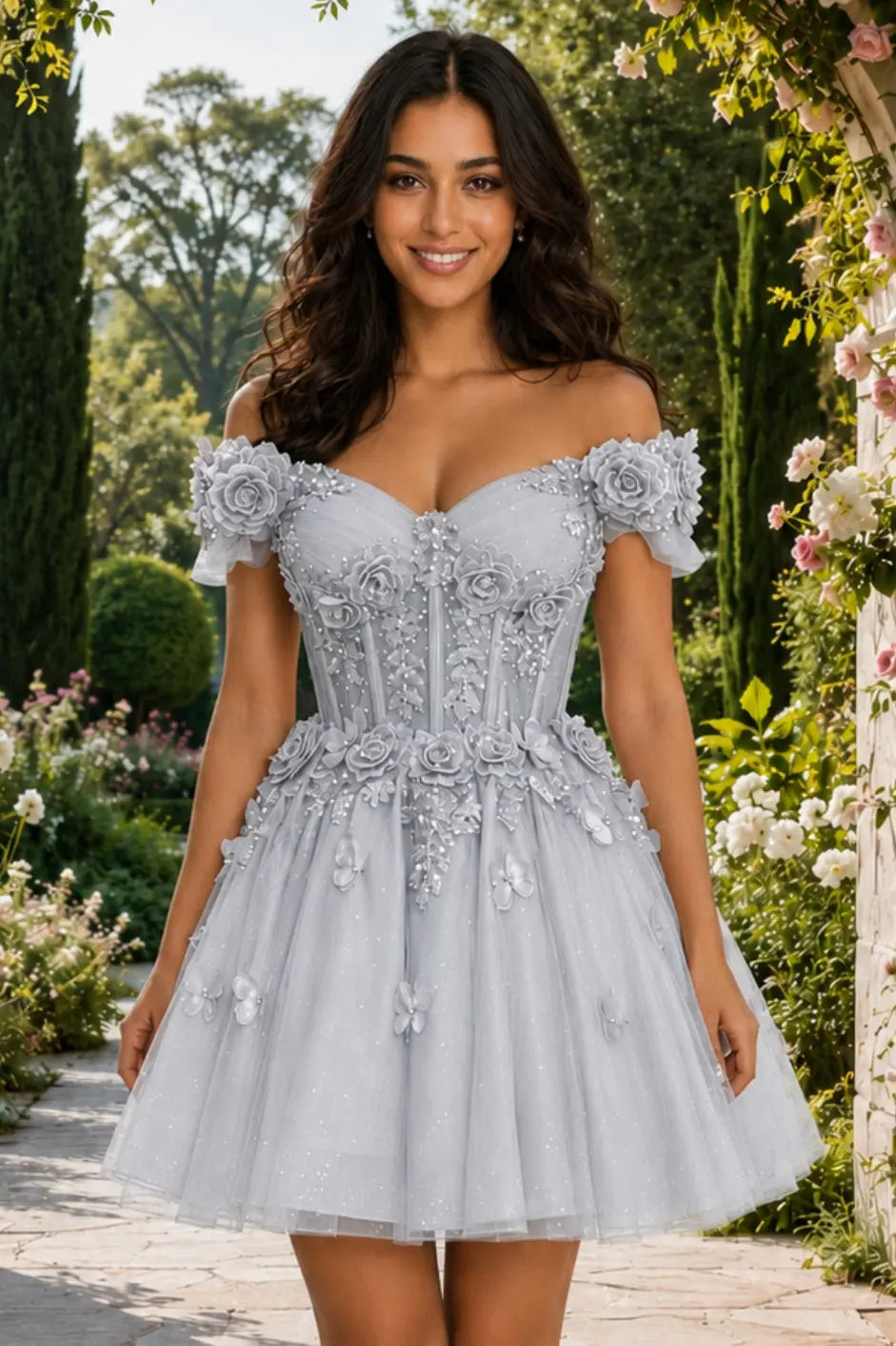 A-line Off-the-Shoulder Tulle Short/Mini Homecoming Dress with Appliqued Flowers Sequins KAIDRESS