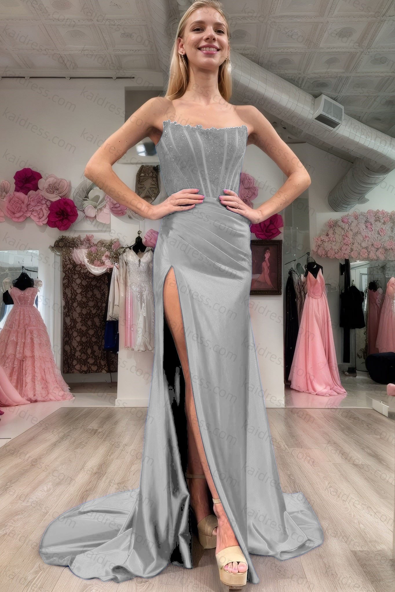 Sheath/Column Elastic Woven Satin Ruched Off-the-Shoulder Sleeveless Sweep/Brush Train Prom Dresses