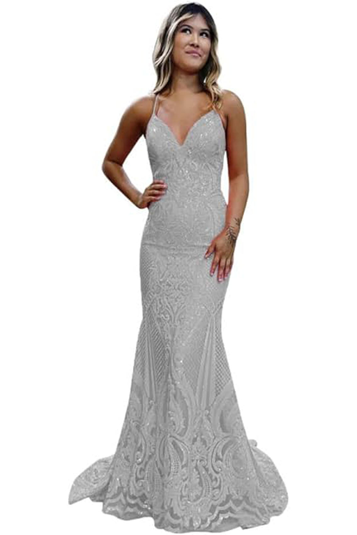 Trumpet/Mermaid V Neck Sleeveless Sweep Train Allover Sparkly Sequined Lace Prom Dress